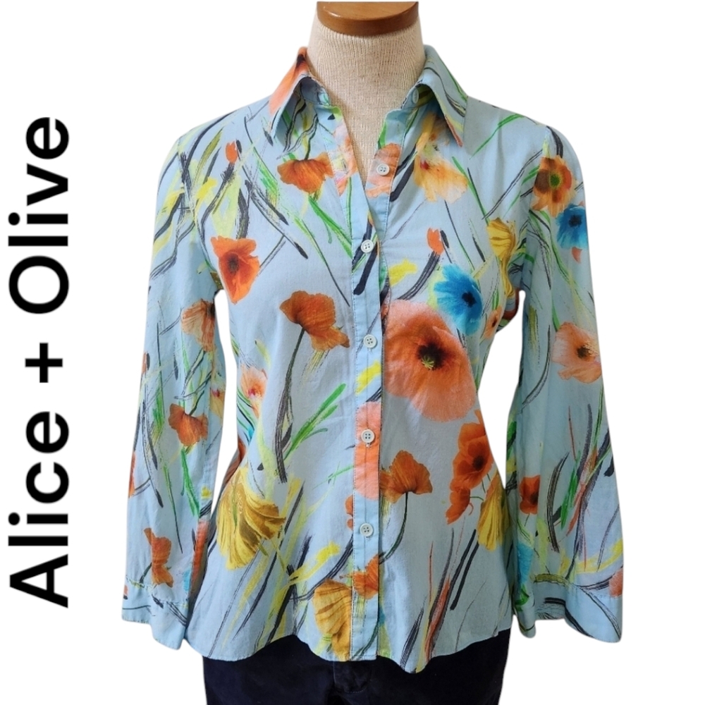 Alice+Olivia Floral shirt long or 3/4 sleeve collare Neck
